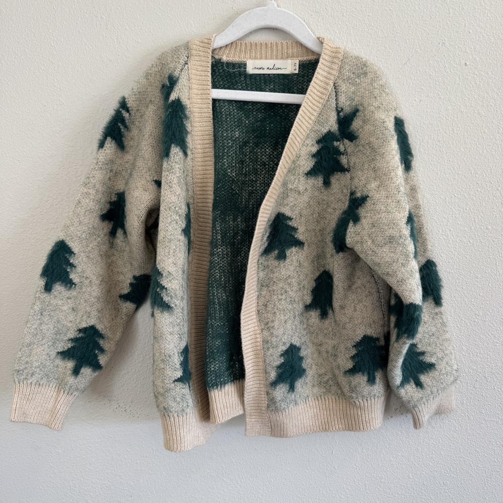 Nora Madison Kids Green Tree Patterned Cardigan Size 6-7Y